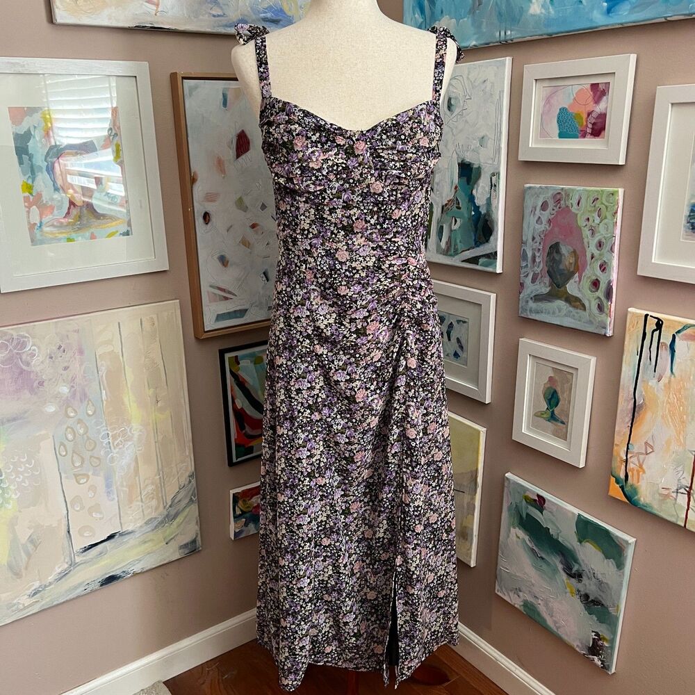 ASTR The Label Purple Milkmaid Floral Midi Dress Tie Strap Ruched Bust Size L